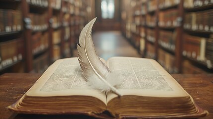 Timeless Wisdom in a Classic Library Setting with Vintage Book and Feather