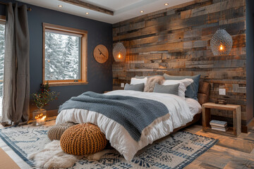 Cozy bedroom with wooden wall and scenic view