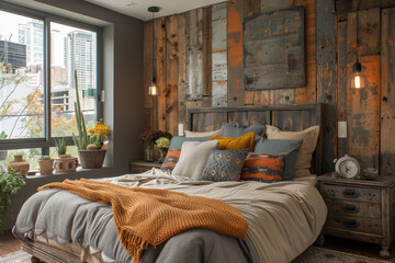 Cozy bedroom with wooden wall and scenic view