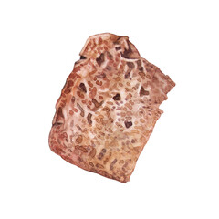 Watercolor loaf of fresh crispy homemade rye bread isolated on  white background. Whole grain bun for healthy breakfast. Hand-drawn food for cookbook or kitchen. Clipart for wallpaper or wrapping