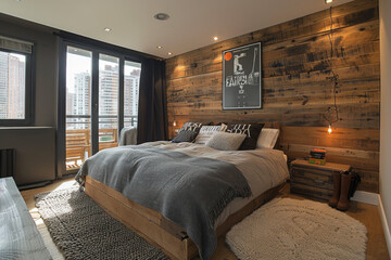Cozy bedroom with wooden wall and scenic view