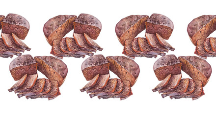 Seamless rim with watercolor loaf of fresh crispy homemade rye bread on white background. Whole grain bun for healthy breakfast. Hand-drawn food for cookbook. Border for wallpaper or wrapping