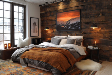 Cozy bedroom with wooden wall and scenic view