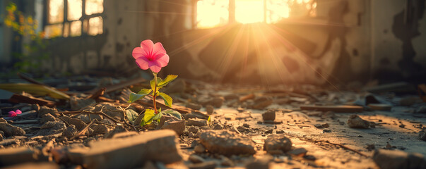 A vibrant pink flower stands resilient amidst urban ruins, symbolizing hope and new beginnings in the golden sunrise.