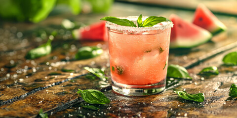 Watermelon basil margarita, a refreshing watermelon basil margarita, served in a salt-rimmed glass, garnished with a basil leaf and watermelon wedge