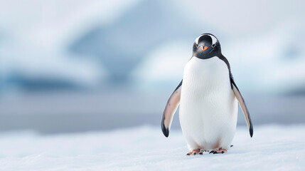 A curious penguin standing on a snowy landscape, looking up with a playful expression.