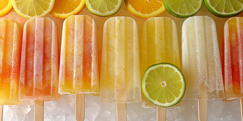Summer citrus popsicle array, a closeup of a summer citrus popsicle array, their orange, lemon, and lime hues vibrant against a white background