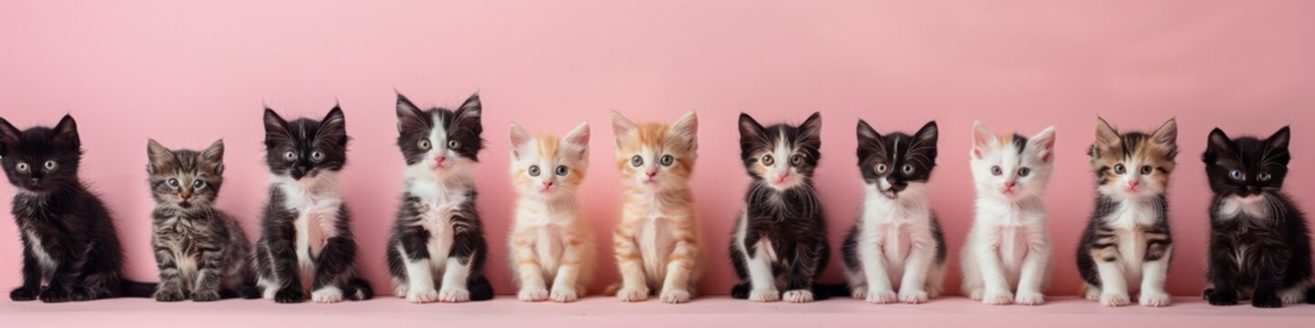Long horizontal banner with dozens of robotic kittens seated side by side, light pink holographic background with space for text, perfect for futuristic pet shops