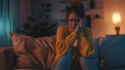 Obraz premium Woman experiencing a panic attack sitting alone on a couch