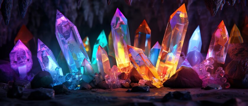 Colorful glowing crystals in the cave, in the hyper realistic, colorful, vibrant style.