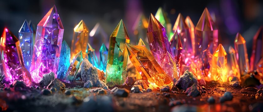 Colorful glowing crystals in the cave, in the hyper realistic, colorful