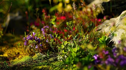 Obraz premium Diverse alpine garden, macro shot, late afternoon light, rich colors, detailed texture, natural