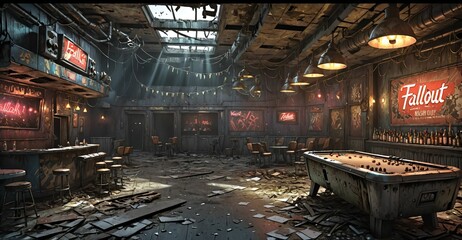 abandoned empty bar interior. dystopian post apocalyptic building interior with debris, junk, and scrap.