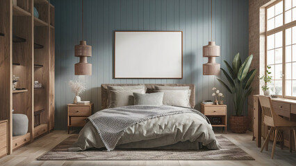 Mock up frame in cozy home interior background, coastal style bedroom, 3D rendered