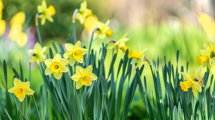 Fototapeta premium Spring daffodils in a botanical garden, close-up, bright yellows against lush green, morning light 