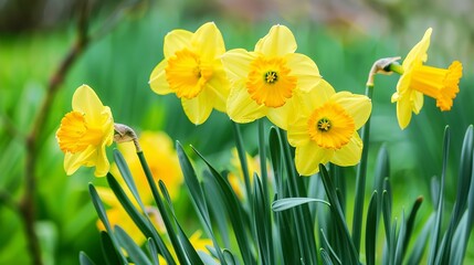 Fototapeta premium Spring daffodils in a botanical garden, close-up, bright yellows against lush green, morning light 