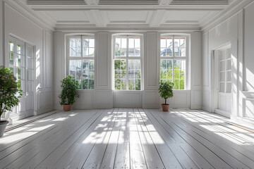 Fototapeta premium Bright white room with large windows and city view