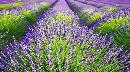 Lavender rows blooming, close focus, deep purples against green stems, clear morning light 