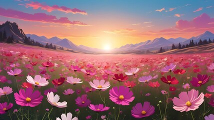 Fototapeta premium flower field garden in mountains with sunset