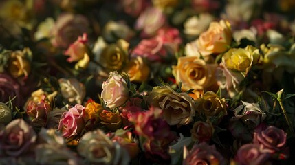 Obraz premium Cluster of miniature roses, close-up, mixed colors, detailed focus, gentle morning light 