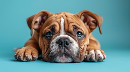 Obraz premium English bulldog puppy lying down on a blue background, studio shot. Adorable and playful pet concept
