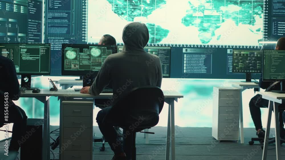 Poster cyber operations center with governmental hackers working on digital security activities during hybr