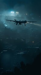 Fototapeta premium A drone silently observing an enemy encampment from a high altitude shrouded in darkness