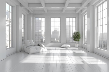 Fototapeta premium Bright white room with large windows and city view