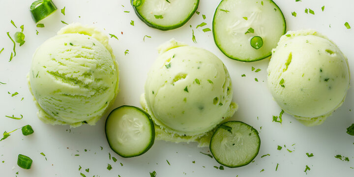 Refreshing cucumber and lime ice cream, a closeup of refreshing cucumber and lime ice cream, its light green color and zesty lime flavor highlighted against a white background
