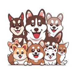 Adorable cartoon illustration of different dog breeds. Ideal for pet-related websites, marketing materials, and greeting cards.