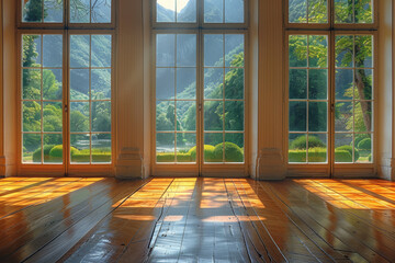 Fototapeta premium Large room with big windows and wooden flooring