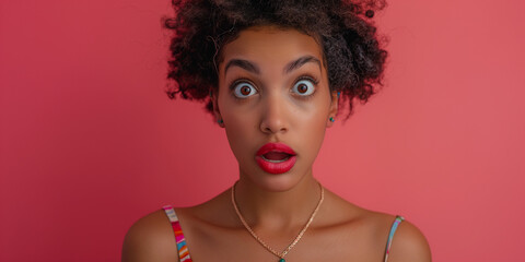 Fototapeta premium Surprised woman portrait on hot pink background, a natural portrait of a woman expressing surprised