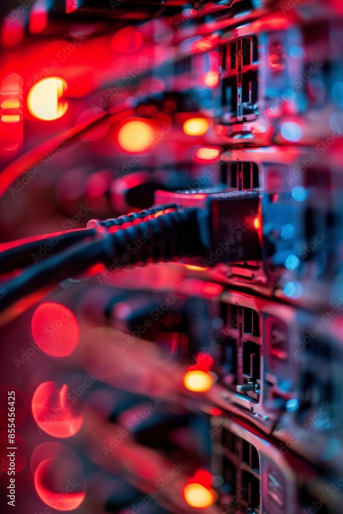 Poster a network cable snaking through a server rack, close-up macro shot with shallow depth of field