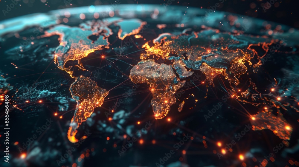Poster a pixelated world map with chunky continents, glowing nodes representing major data hubs, pulsating 