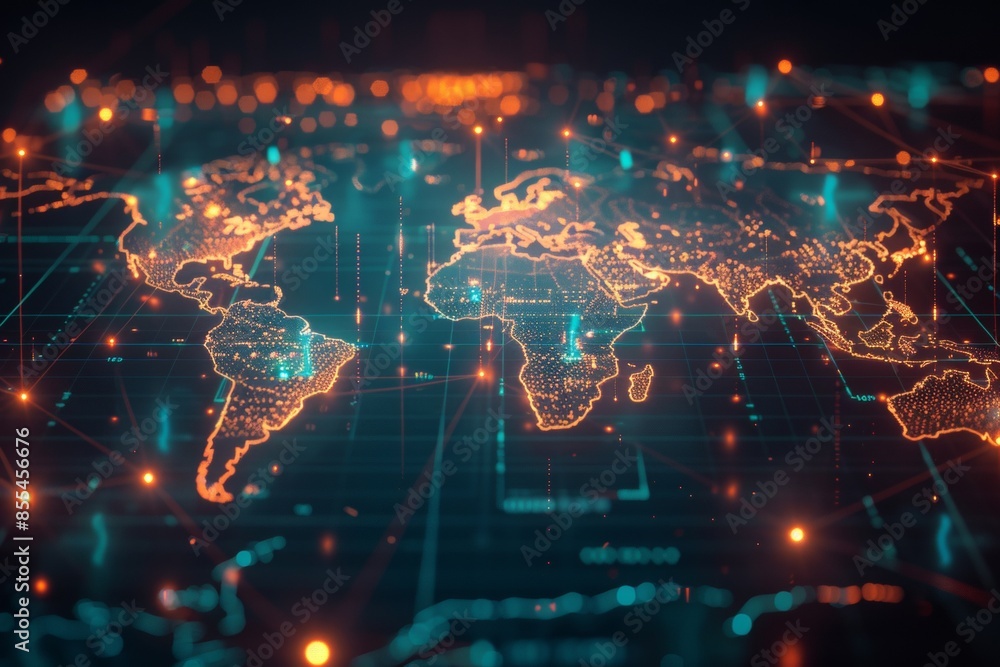 Poster a global map with pulsating beams of light representing major data arteries, converging on cloud hub