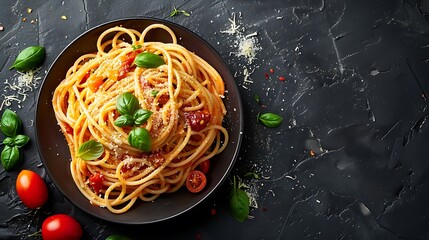 Pasta with tomato sauce and parmesan on dark background, top view. Spaghetti dish for dinner or lunch. Italian cuisine concept, copy space banner template. Black table background.