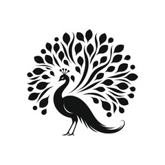 Hand Drawn Peacock Silhouette Isolated On White Background. Vector Illustration In Flat Style