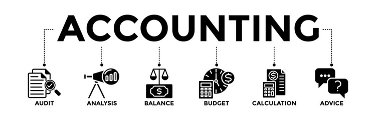 Accounting banner icons set for business and finance with glyph style icon of the audit, analysis, balance, budget, calculation, and advice	