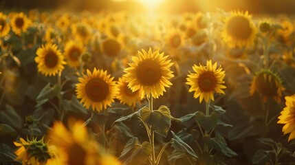 Obraz premium Close-up of a sunflower field at sunset, with the golden light bathing the flowers and casting long shadows