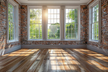 Fototapeta premium Large room with big windows and wooden flooring