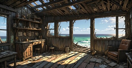 abandoned shack hut interior on beach ocean coast in summer. old wood house cabin by sea and water waves.