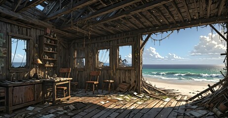 abandoned shack hut interior on beach ocean coast in summer. old wood house cabin by sea and water waves.