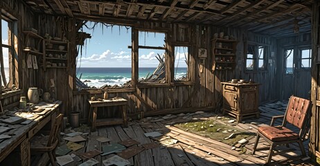 Fototapeta premium abandoned shack hut interior on beach ocean coast in summer. old wood house cabin by sea and water waves.