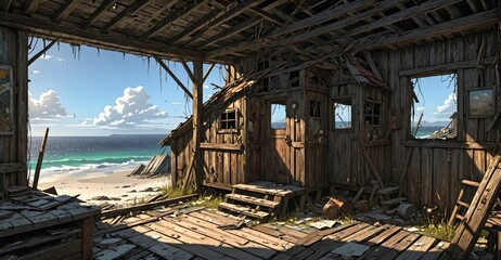 abandoned shack hut interior on beach ocean coast in summer. old wood house cabin by sea and water waves.