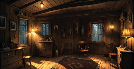 interior of modern cabin living room in secluded forest woods. furniture interior design and decor of mansion house lodge with glass window walls and wood floor roof.