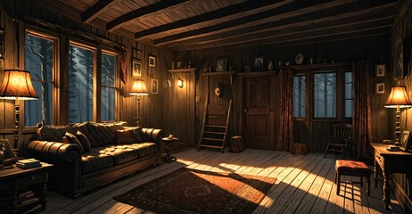 interior of modern cabin living room in secluded forest woods. furniture interior design and decor of mansion house lodge with glass window walls and wood floor roof.
