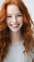 Naklejka premium closeup portrait of amazing young red hair woman attractive appearance isolated over colorful background