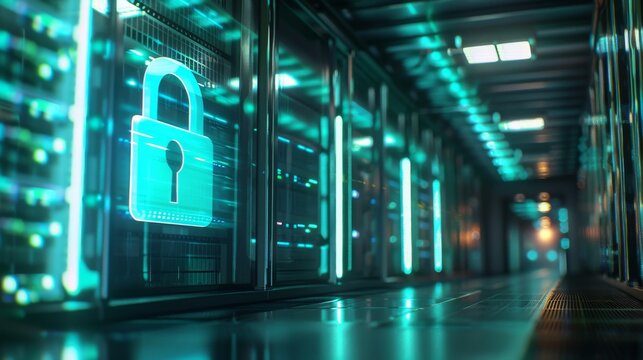 Secure server room with digital padlock symbol, data security technology concept