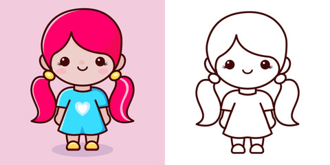 Lovely girl. Childrens coloring book. Vector illustration in flat style