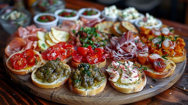A selection of Cicchetti, small snacks served on a platter with various toppings